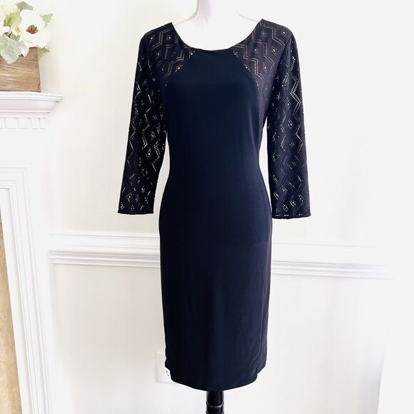 Anne Klein Black Midi Dress with Lace Sleeves - Picture 1 of 9
